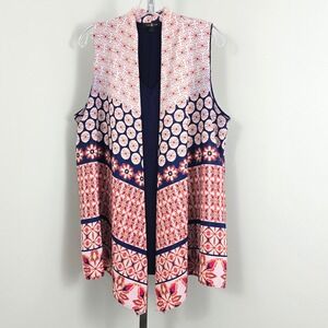 Time Line Sleeveless Print Faux Tank Cardigan Top Blue, Red White 1XL